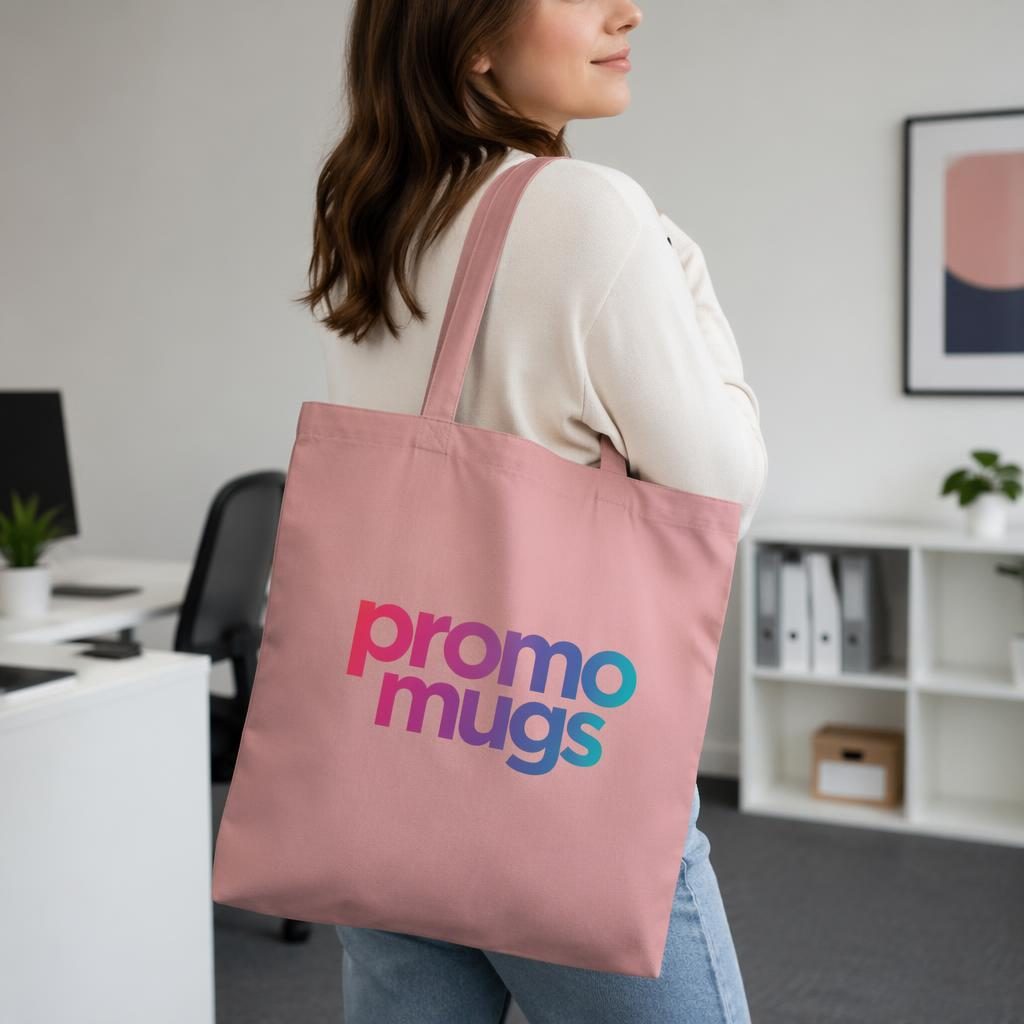 Model wearing a dusty pink tote bag mockup with a vibrant promo mugs logo printed on the full back in studio lighting.