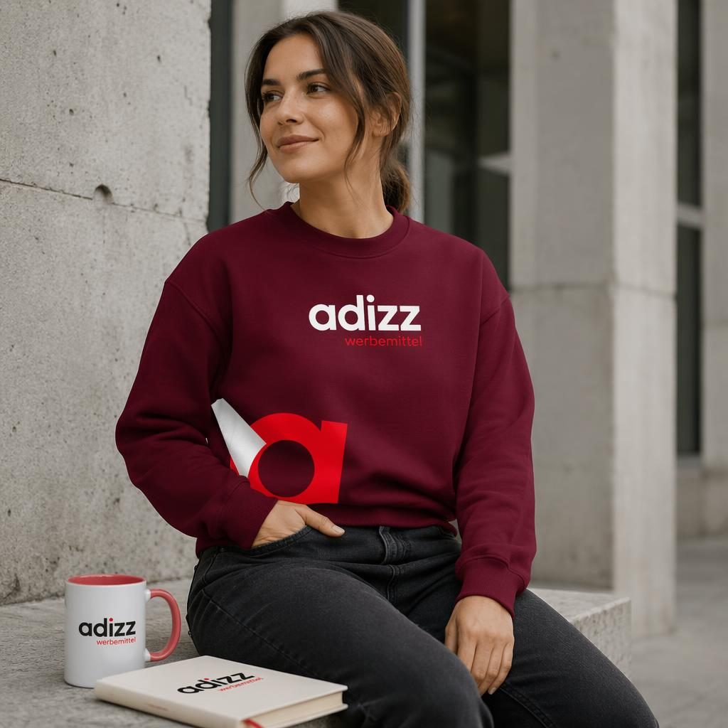 Fotorealistisches bordeauxrotes Sweatshirt mit adizz werbemittel Logo im Outdoor-Lifestyle-Mockup, scharf und detailreich