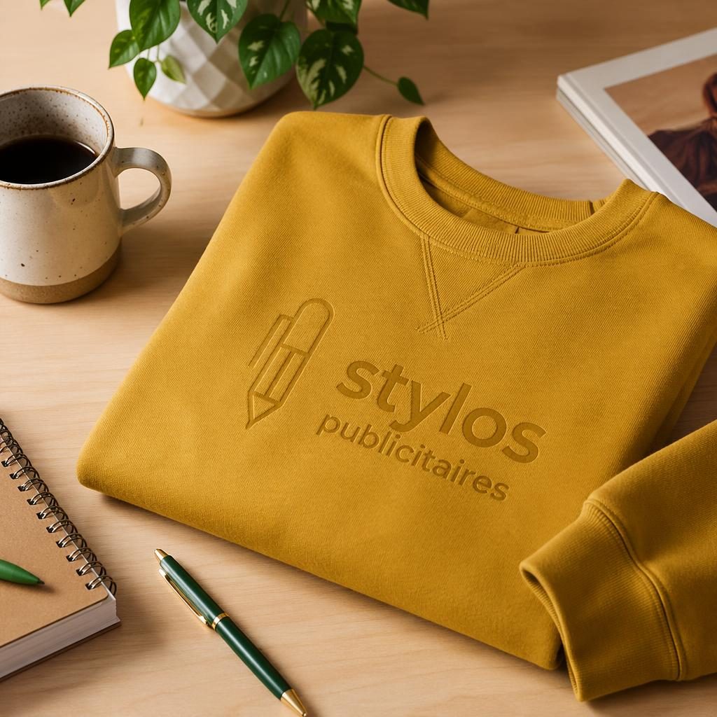 Sweatshirt col rond jaune moutarde sur bureau lifestyle, logo ton sur ton stylos publicitaires, mug et papier