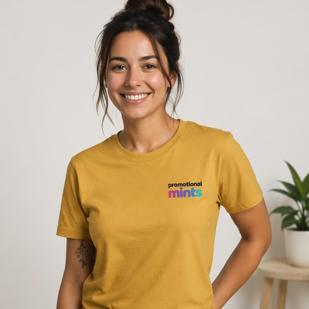Model wearing a mustard yellow sticker pack mockup with a small left-chest promotional mints logo in vibrant gradient colors.