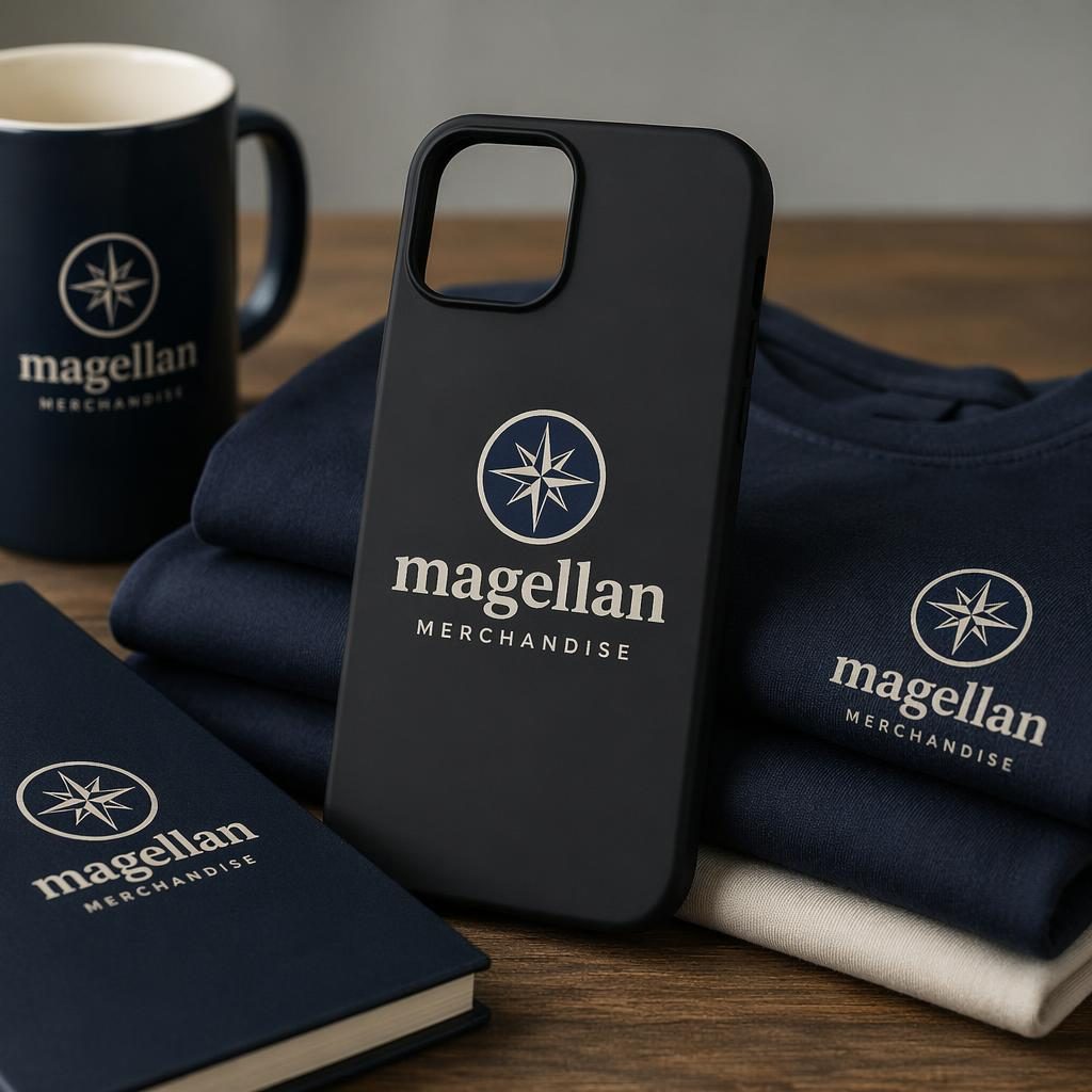 Black phone case mockup with generic magellan merchandise logo in navy and cream, studio-lit with sharp detail.