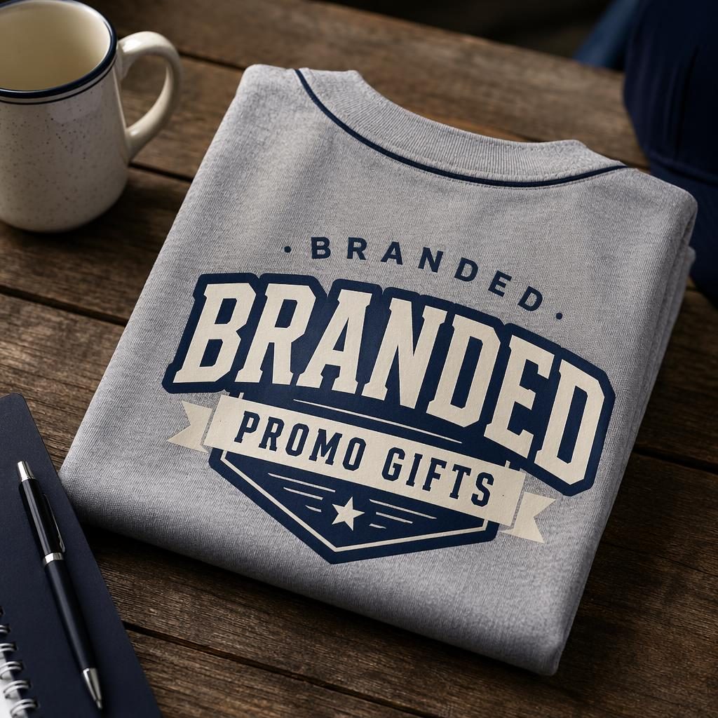 Photo-real product mockup of a heather gray baseball jersey with "branded promo gifts" logo printed at full back. Mockup