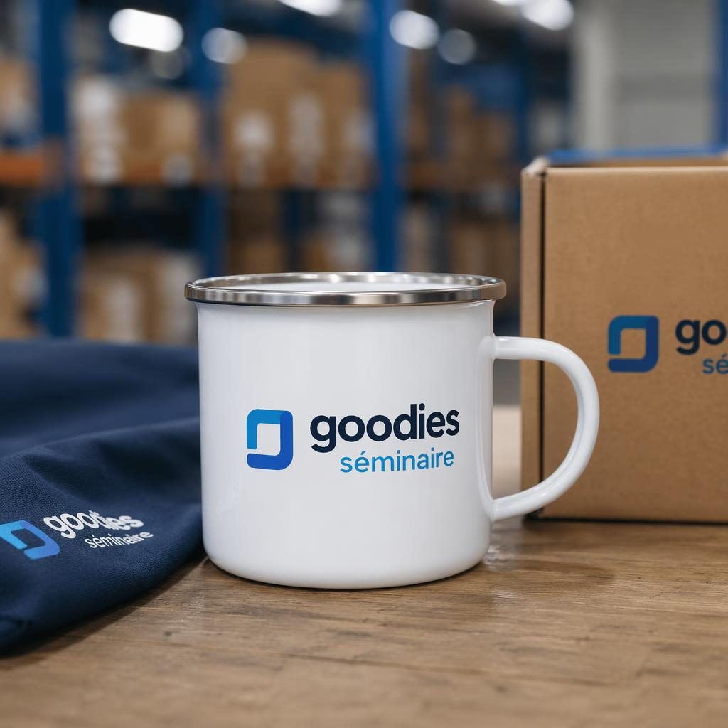 Mug émaillé blanc avec logo goodies séminaire, en décor industriel d’entrepôt, photo studio nette et réaliste.