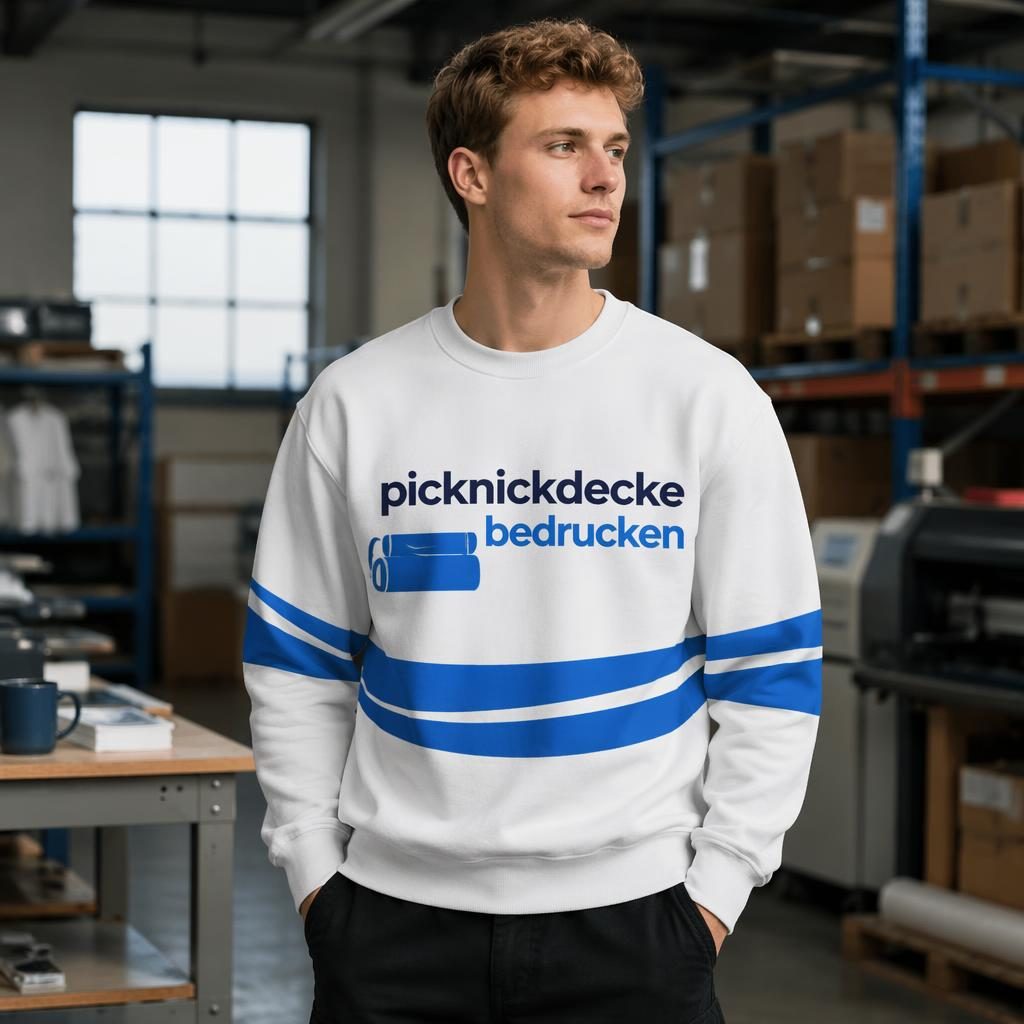 Weißes Sweatshirt als realistisches Produkt-Mockup im Warehouse-Stil mit blauem Rundum-Logo und sichtbarer Stoffstruktur