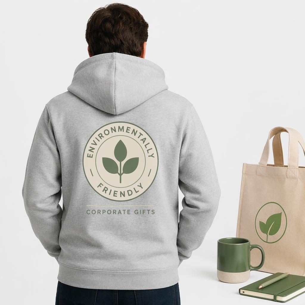 Heather gray zip-up hoodie mockup on white background with sage and ivory full-back logo, sharp fabric texture.