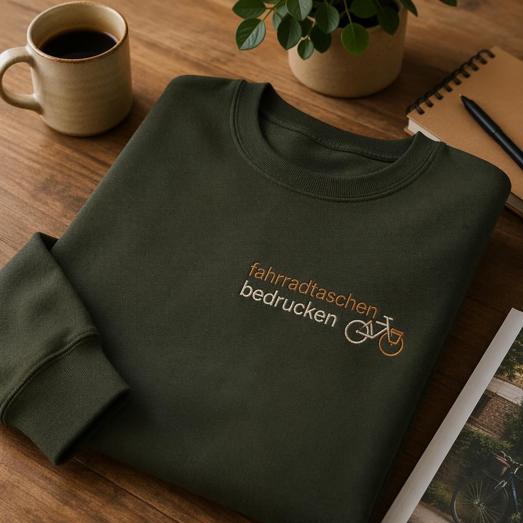 Olivgrüner Crewneck mit gesticktem fahrradtaschen bedrucken Logo auf Schreibtisch in warmer Lifestyle-Szene