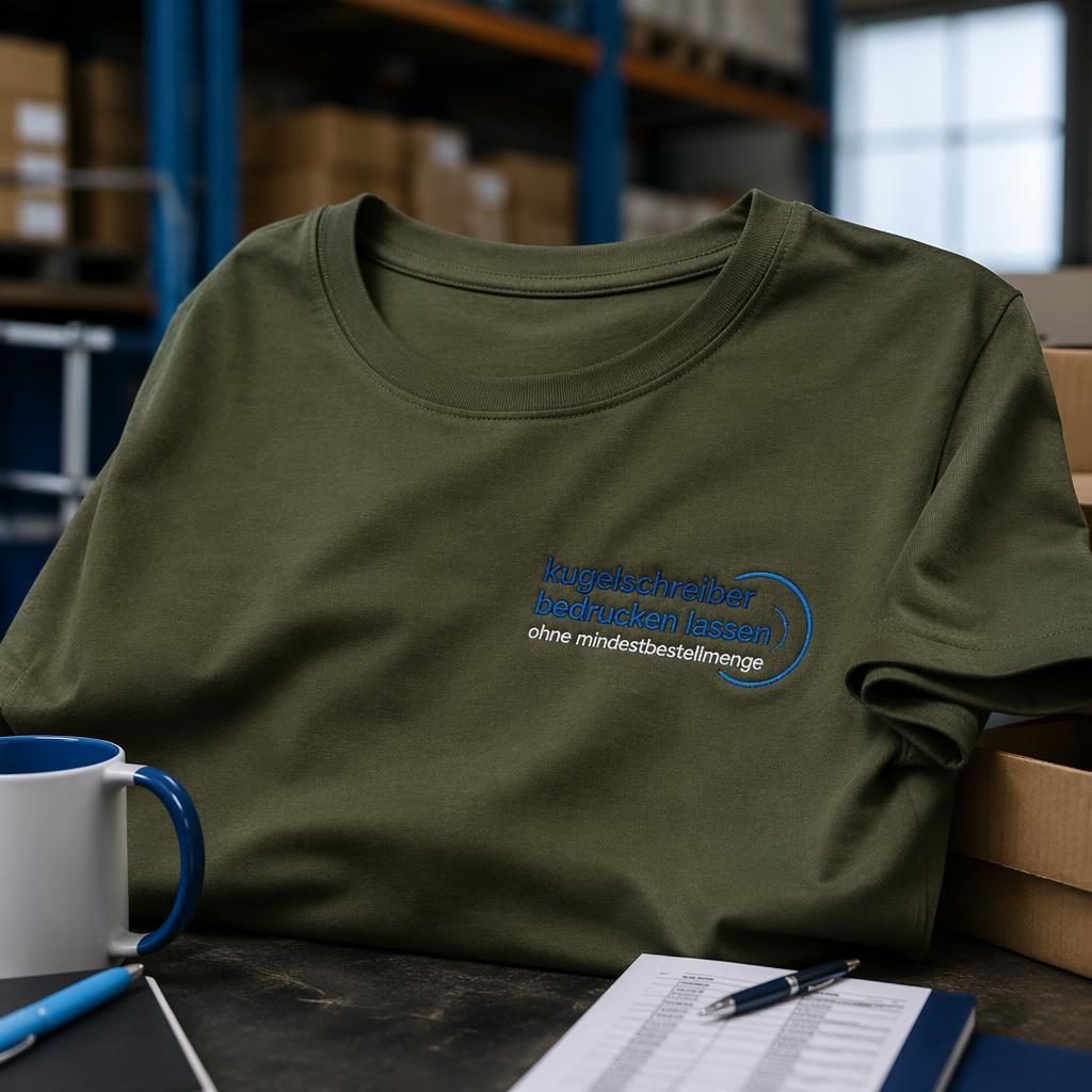 Olivgrünes T-Shirt mit gesticktem Typo-Logo, industrielles Warehouse-Setting, studiobelichtet und detailreich