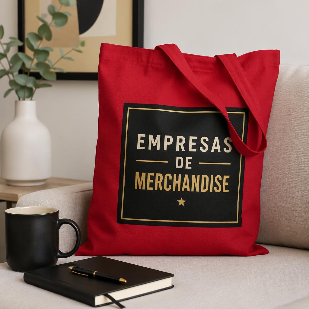 Tote bag roja clásica con logo genérico grande en negro y dorado, fotografiada en un hogar acogedor con luz de estudio.
