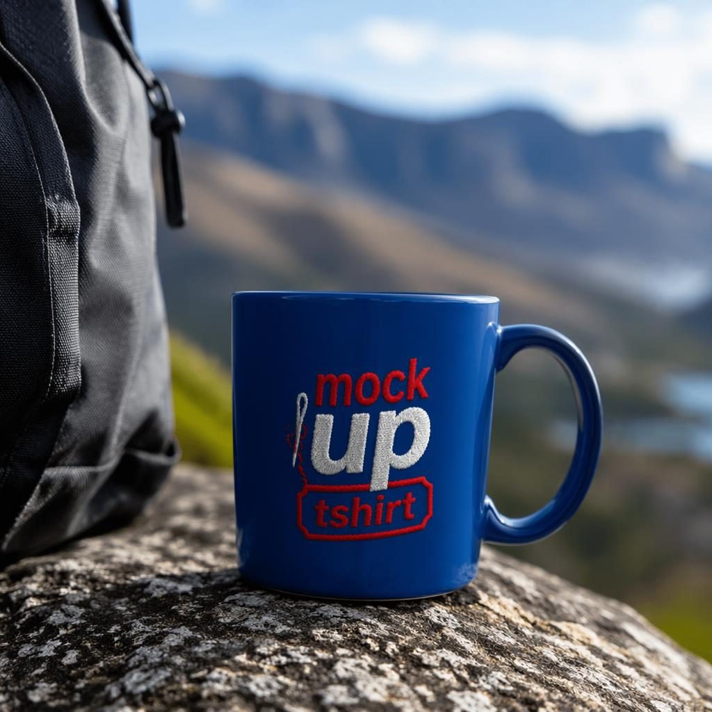 Royal blue ceramic mug outdoors with a bold red and white mock up tshirt logo, photographed in sharp natural light.