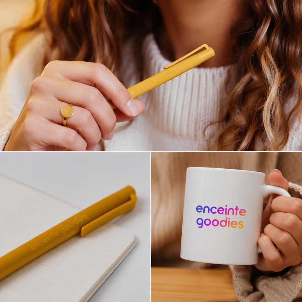 Stylo jaune moutarde en mockup photo réaliste, logo enceinte goodies ton sur ton subtil, éclairage studio net