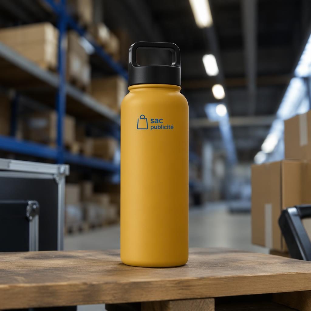 Gourde jaune moutarde en mockup photo réaliste, style entrepôt industriel, avec logo sac publicité discret.