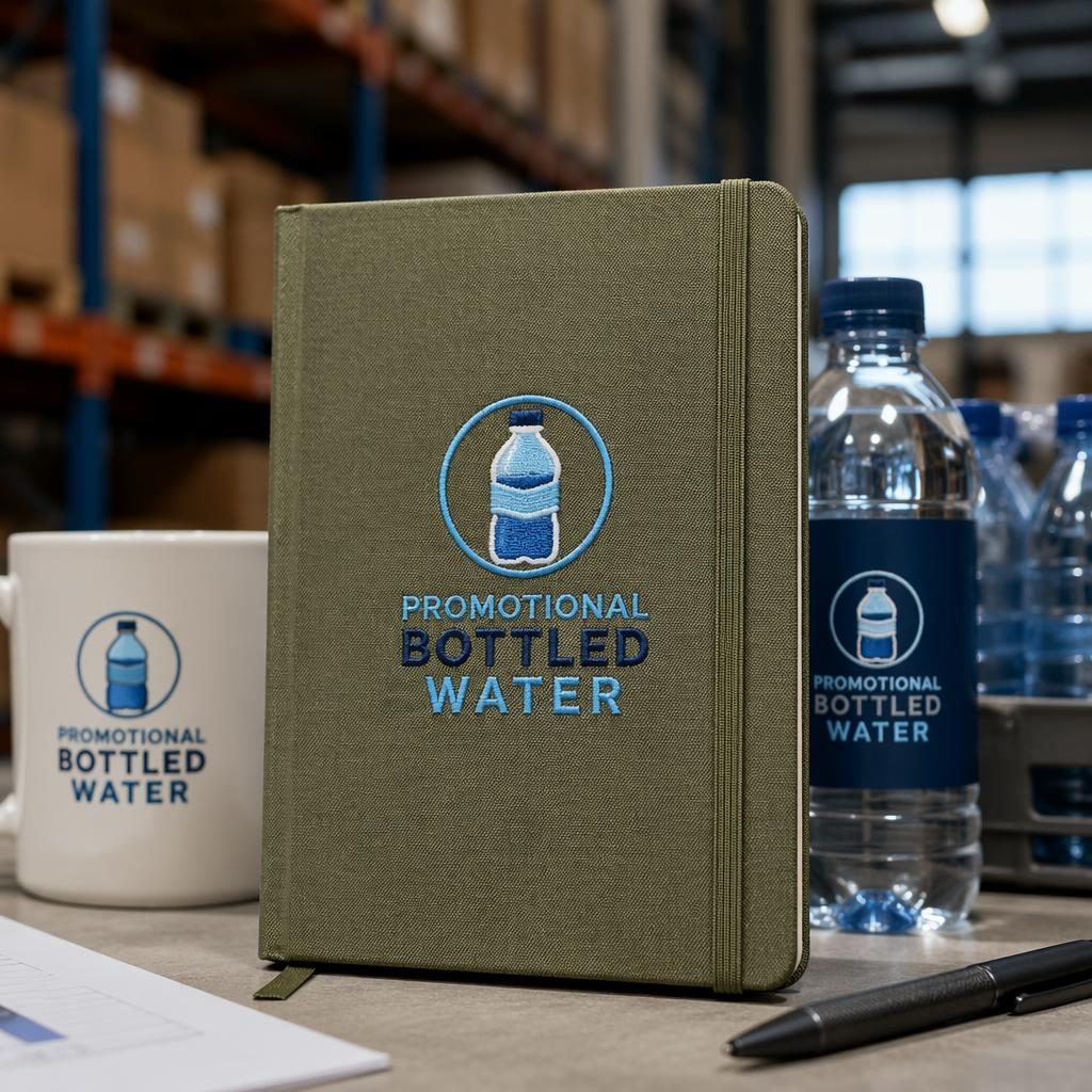 Olive green notebook mockup with promotional bottled water logo in blue embroidery, styled in a warehouse studio setting.