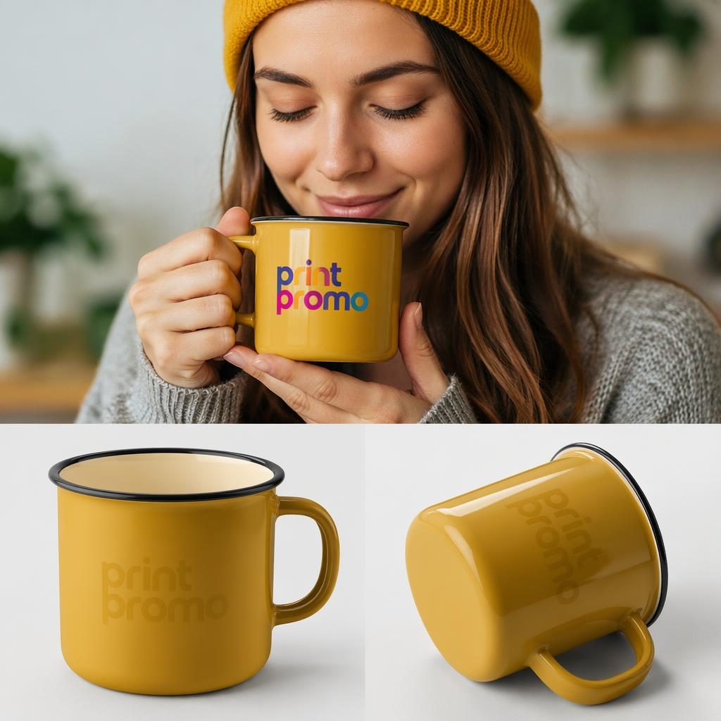 Studio product mockup of a mustard yellow enamel mug on model, with a subtle tone-on-tone print promo logo.