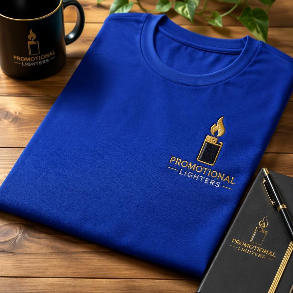 Royal blue t-shirt mockup with a black and gold promotional lighters logo in embroidery, styled in a cozy home setting.