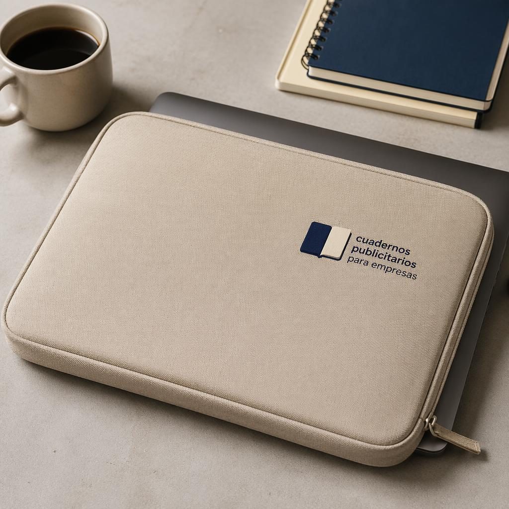 Funda para portátil color arena en pila doblada con logo tipográfico pequeño en azul marino y crema, foto de estudio