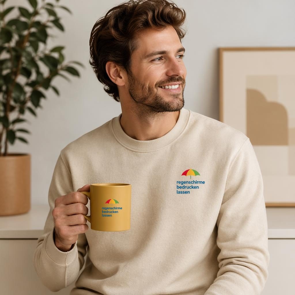 Senfgelbe Keramiktasse als fotorealistisches Mockup mit kleinem buntem Typo-Logo im Studio, scharf und detailreich