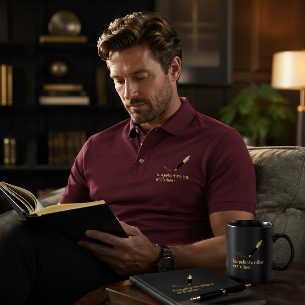 Fotorealistisches bordeauxfarbenes Poloshirt-Mockup mit umlaufendem Logo im Schwarz-Gold-Look in wohnlichem Ambiente