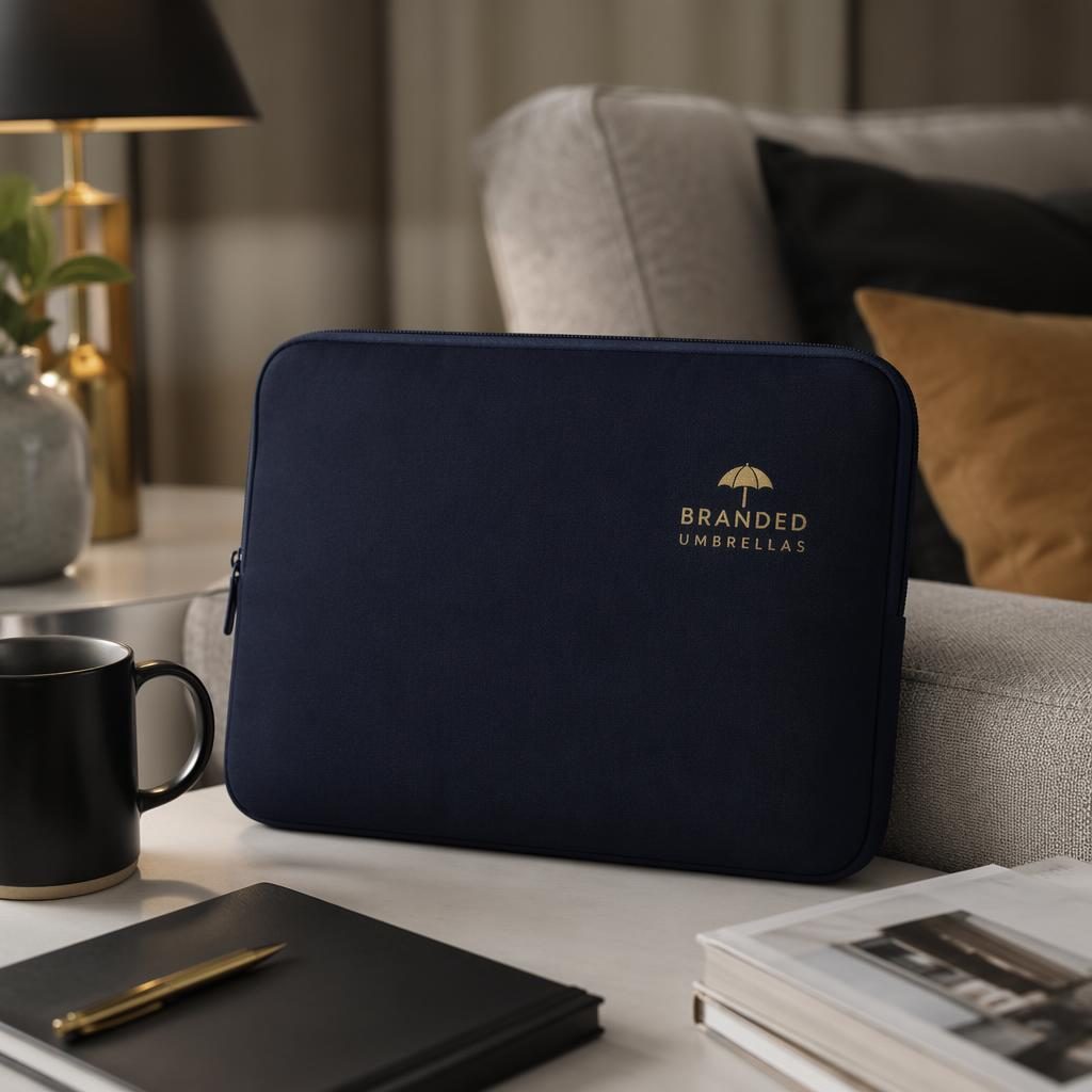 Photo-real navy laptop sleeve mockup with small branded umbrellas logo, styled in a cozy luxury black and gold home scene.