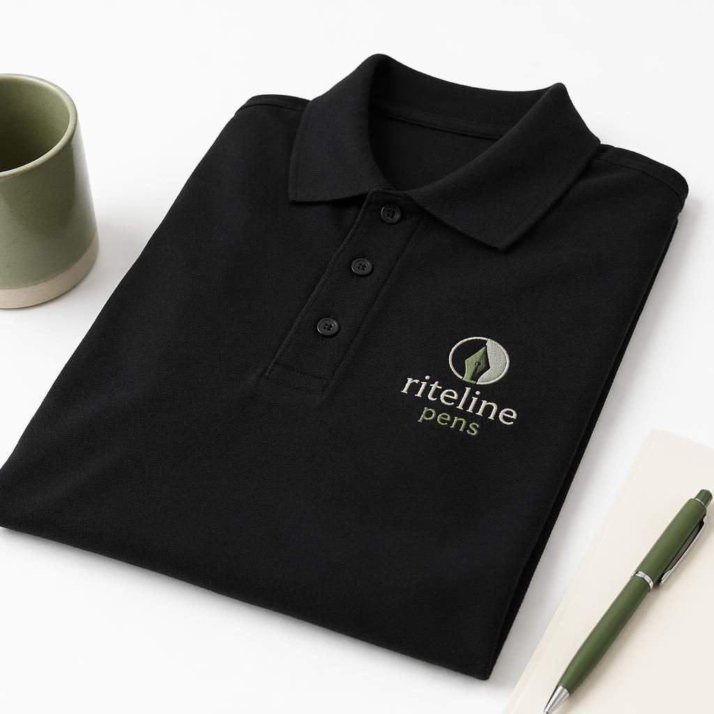 Black polo shirt product mockup on a white background with a sage and ivory riteline pens embroidered logo.