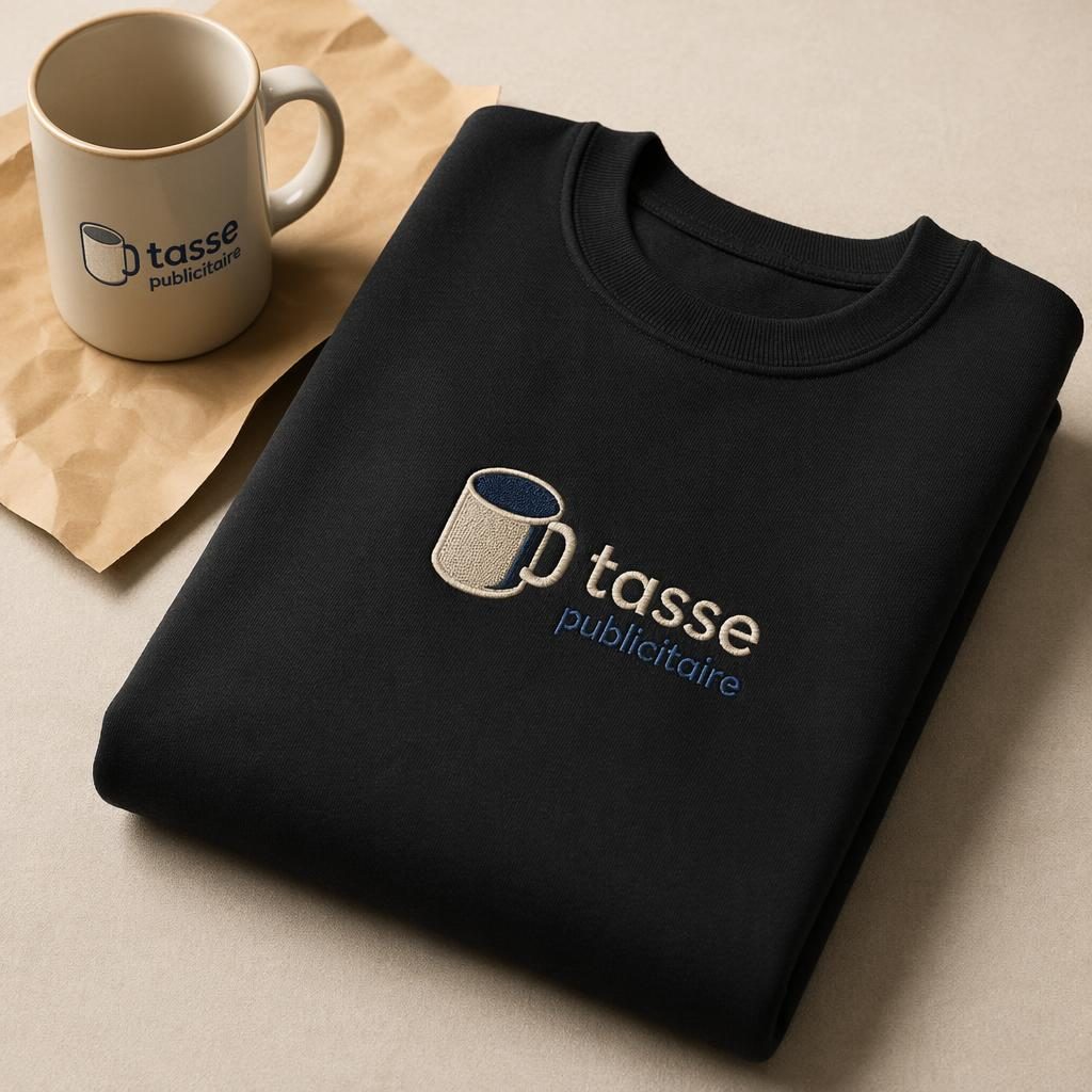 Mockup photo réaliste d’un sweat noir plié avec logo brodé tasse publicitaire, palette bleu marine et crème.