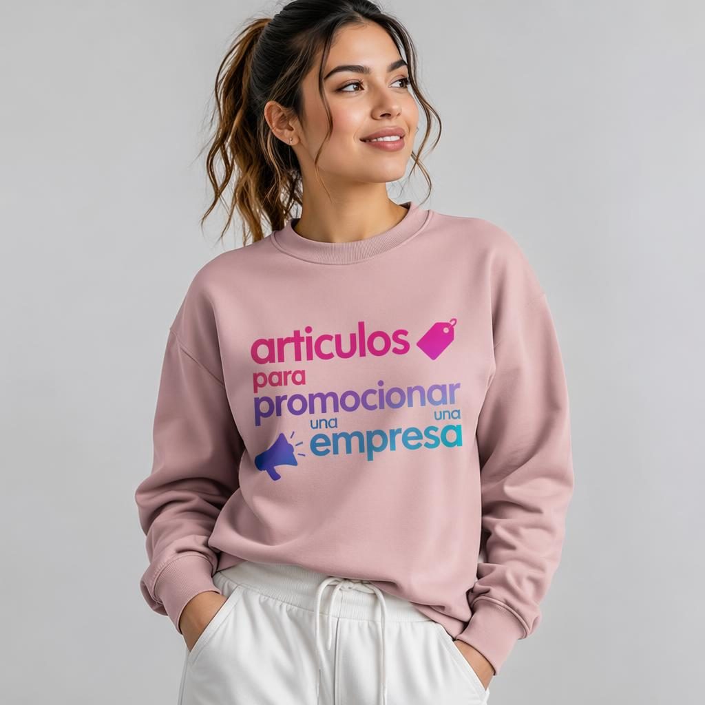 Modelo con sudadera rosa empolvada de cuello redondo y gran logo degradado en estudio, enfoque nítido y textura realista