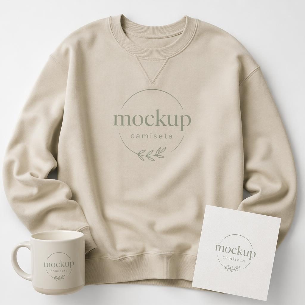 Sudadera beige estilo mockup camiseta sobre fondo blanco, con logo sutil tono sobre tono y acabado fotográfico realista.