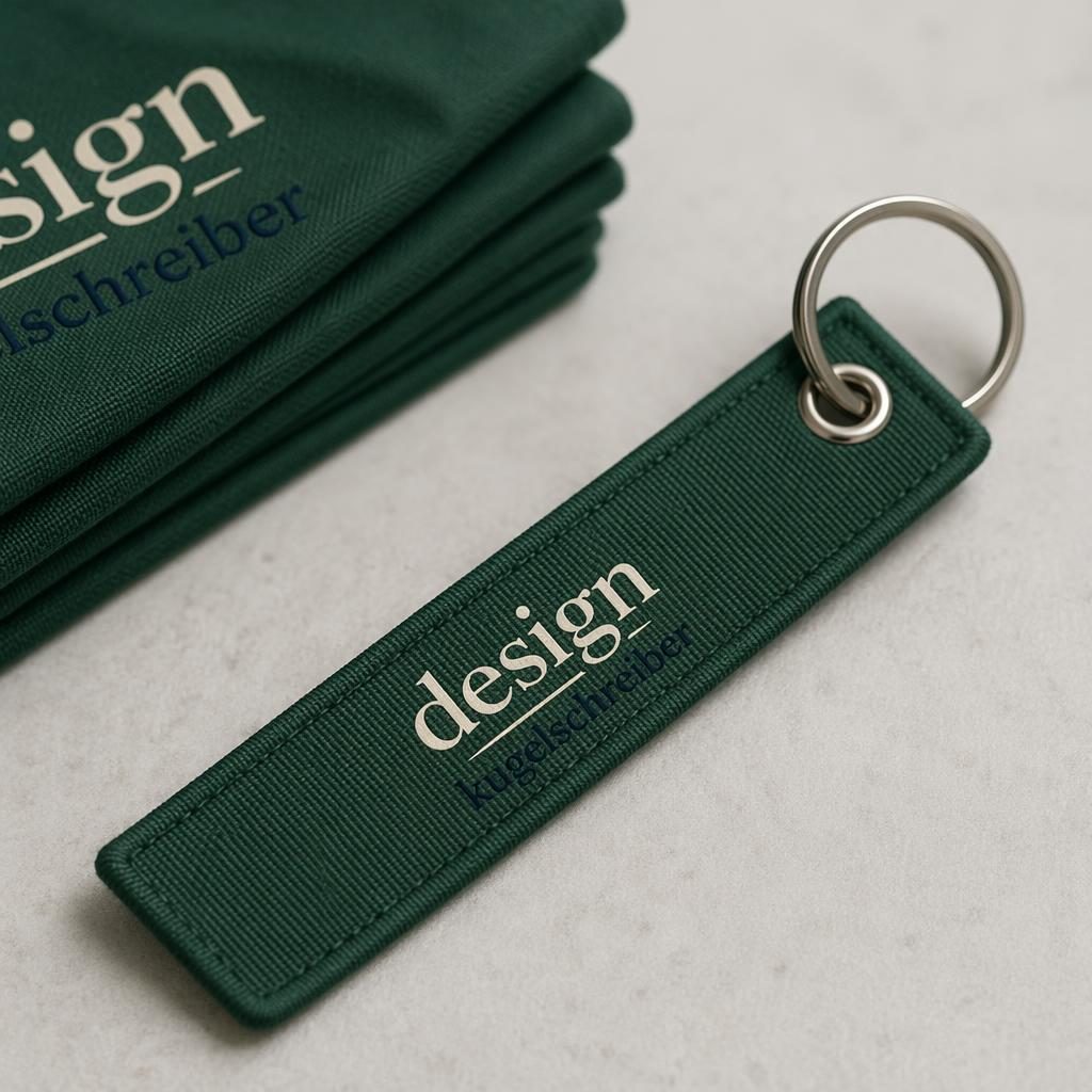 Fotorealistischer waldgrüner Schlüsselanhänger als Produkt-Mockup mit design kugelschreiber Logo, Studioaufnahme