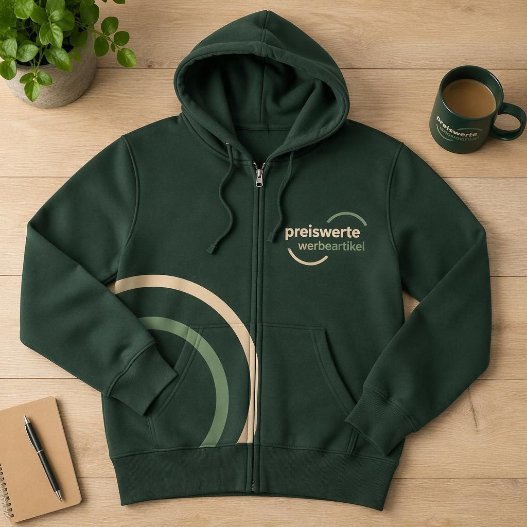 Studio-Flatlay eines waldgrünen Zip-Hoodies mit umlaufendem preiswerte werbeartikel-Logo in weichen Pastelltönen.