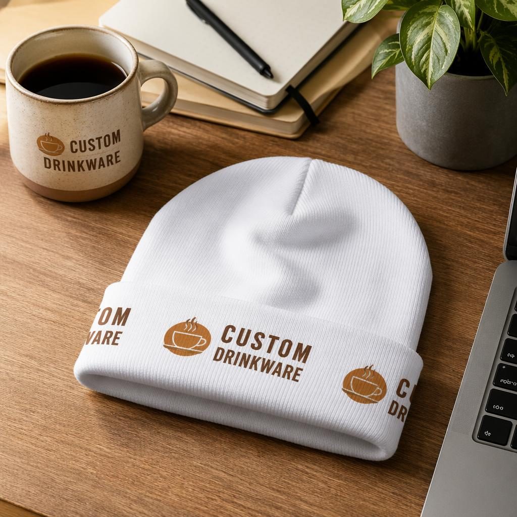 White beanie mockup with generic custom drinkware logo in a warm desk lifestyle scene, sharp fabric texture.