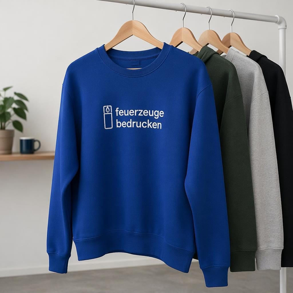 Königsblaues Crewneck-Sweatshirt mit feuerzeuge bedrucken Logo, hängend auf Kleiderstange im Studio