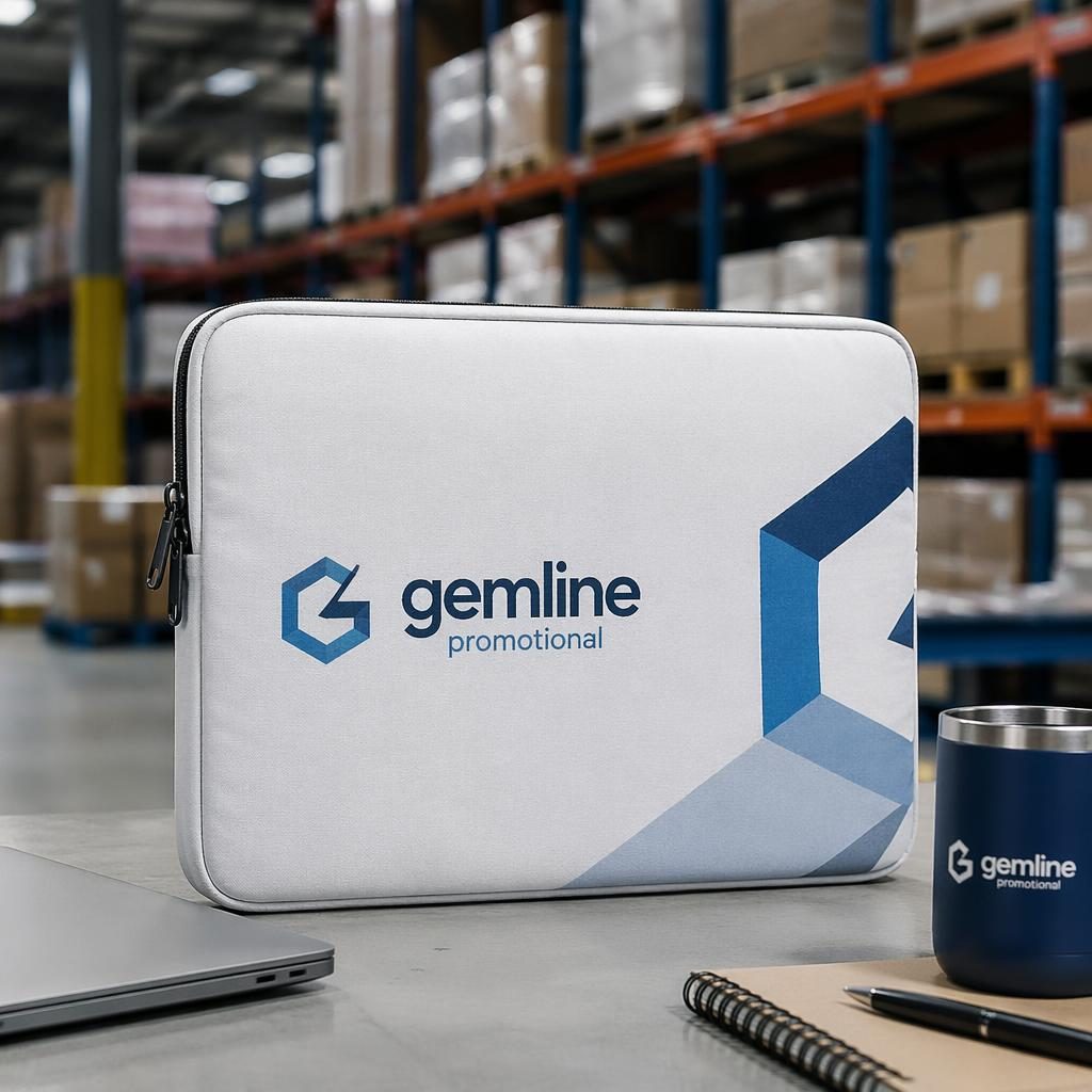 White laptop sleeve mockup with gemline promotional wrap-around logo in a warehouse-style industrial studio setting