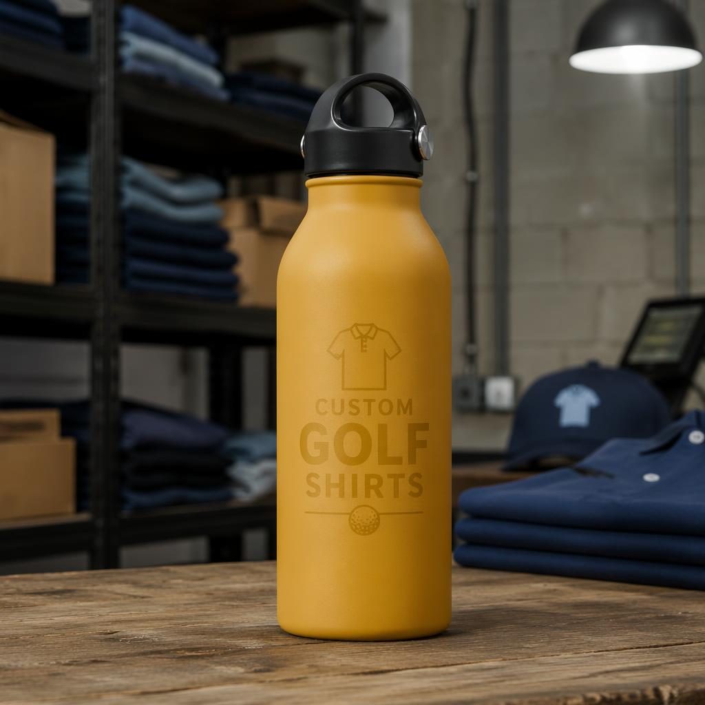 Mustard yellow water bottle mockup with subtle tone-on-tone custom golf shirts logo in an industrial studio setting