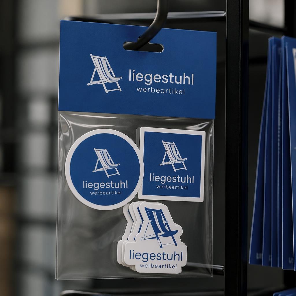 Königsblaues Sticker-Pack mit liegestuhl werbeartikel Logo, hängend an einem Rack im Studio fotografiert