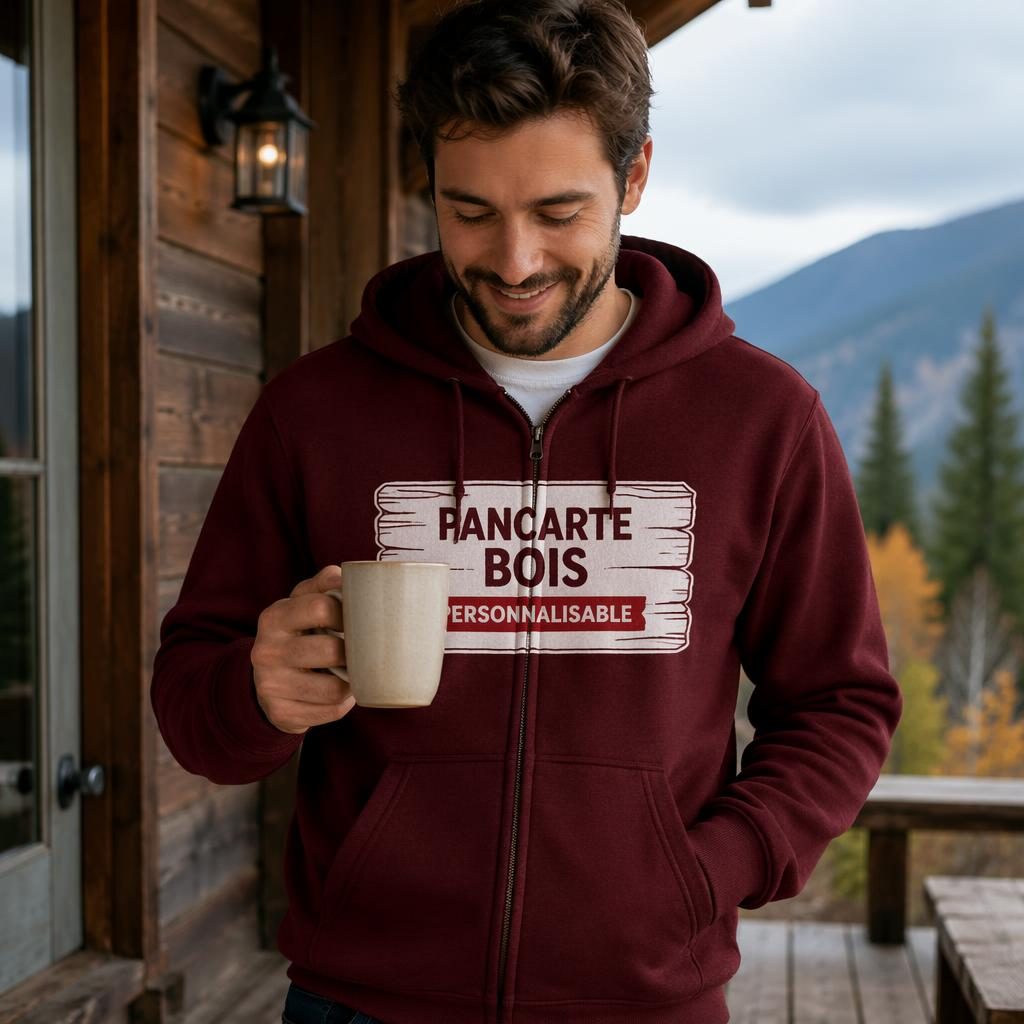 Hoodie zippé bordeaux en mockup photo réaliste, logo rouge et blanc centré sur la poitrine, style lifestyle extérieur