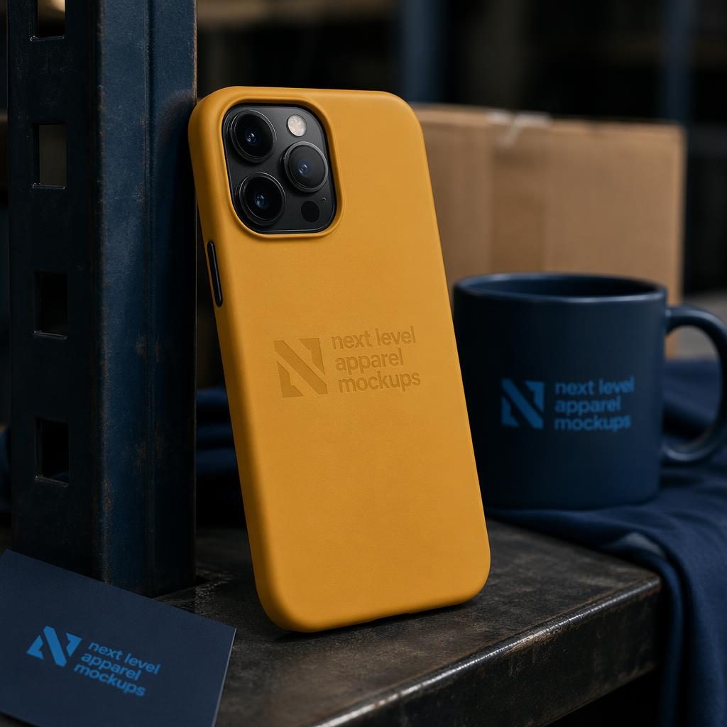 Photoreal mustard yellow phone case mockup with subtle tone-on-tone next level apparel mockups logo in an industrial setting.