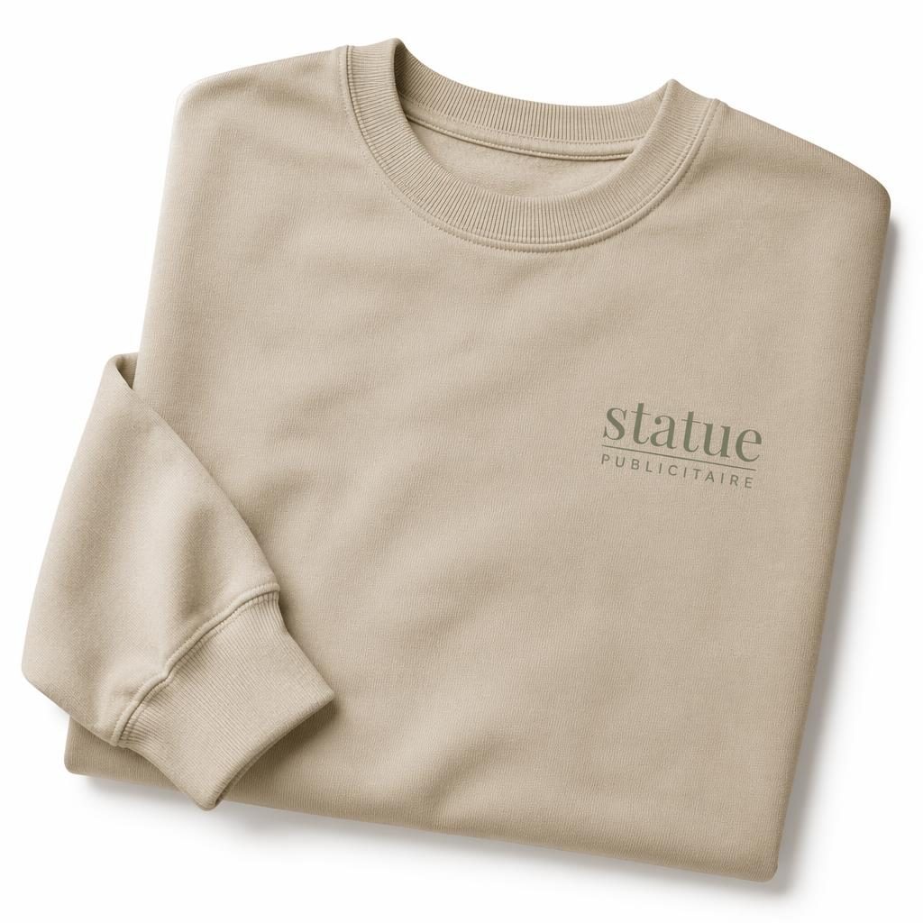 Sweatshirt beige sable col rond sur fond blanc, petit logo statue publicitaire à gauche de la poitrine