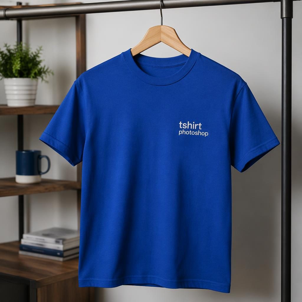 Royal blue t-shirt hanging on a rack with a generic tshirt photoshop logo in classic embroidery style
