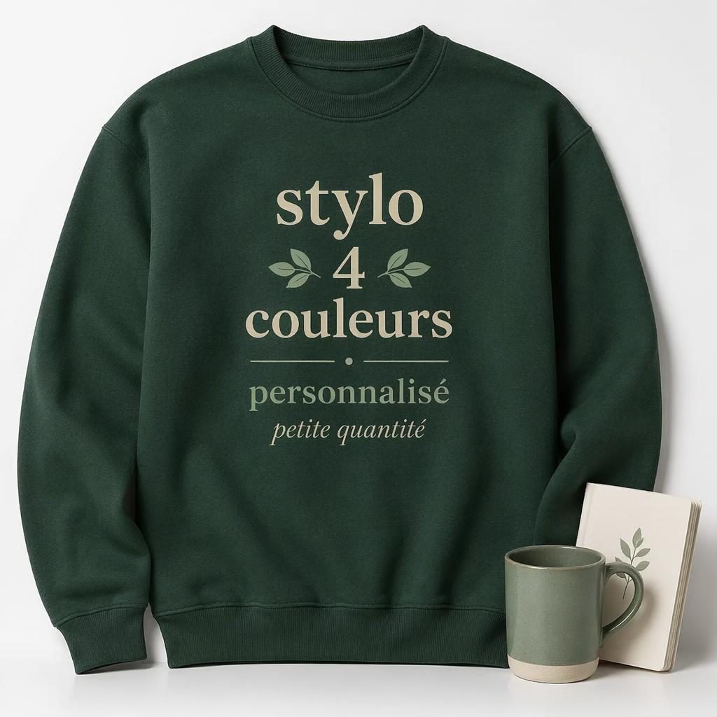 Sweatshirt vert forêt sur fond blanc, logo centré sauge et ivoire, photo studio nette et texture du tissu visible.