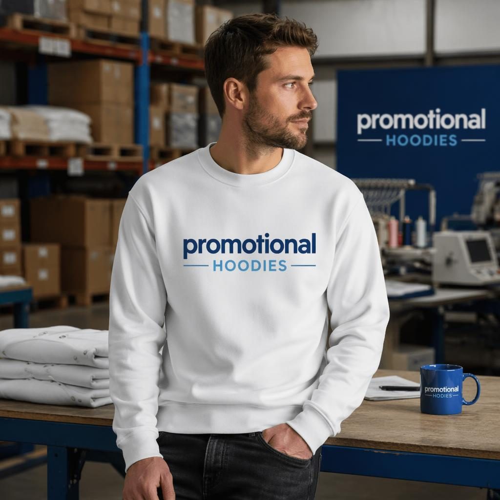 White crewneck sweatshirt mockup with centered generic logo in tech blue, styled in a warehouse industrial setting.