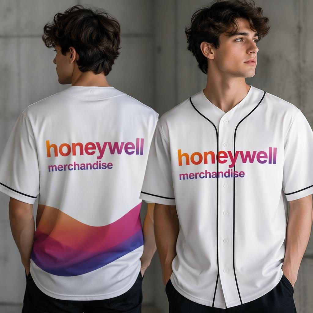 Model wearing a white baseball jersey mockup with wrap-around honeywell merchandise logo in a vibrant gradient studio shot