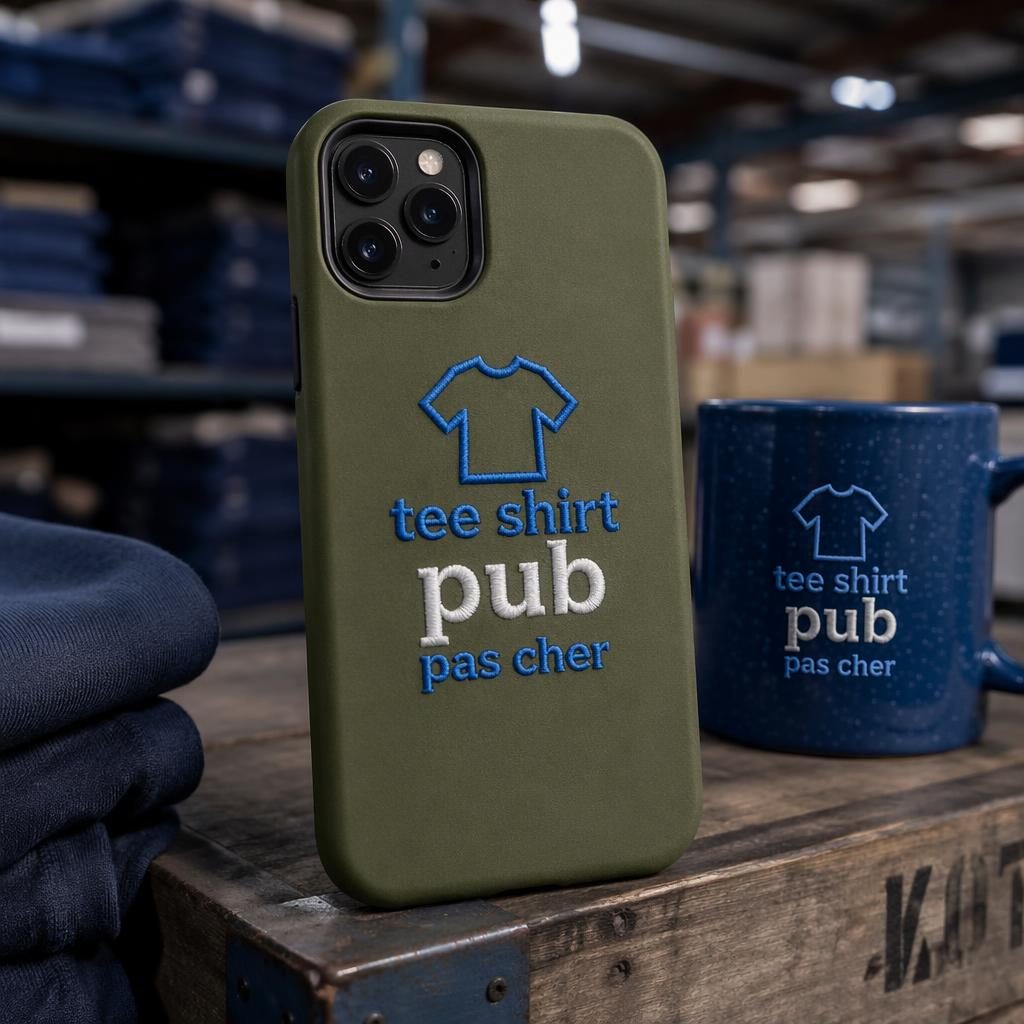 Mockup photo réaliste d’une coque de téléphone vert olive avec logo brodé style industriel en studio
