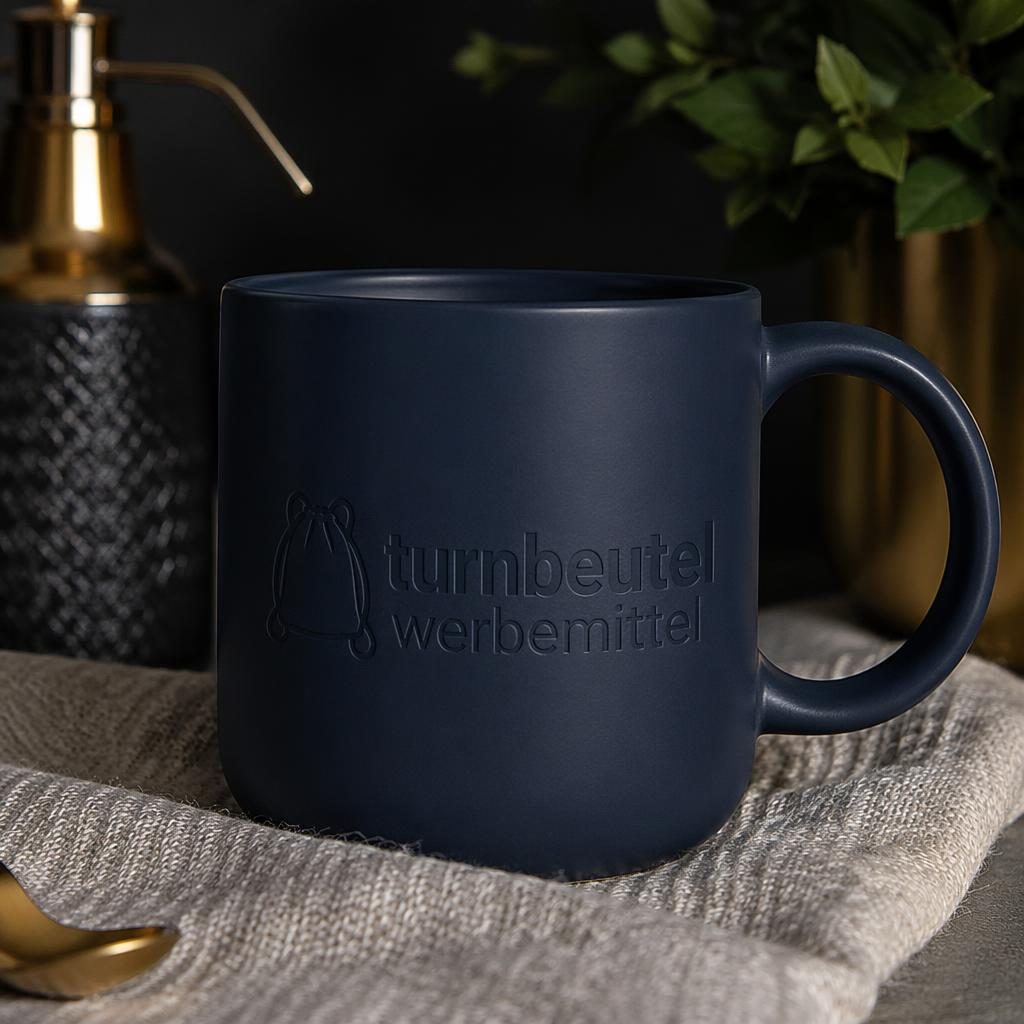 Fotorealistisches Mockup einer navyblauen Keramiktasse mit dezentem Ton-in-Ton-Logo in gemütlichem Home-Setting.