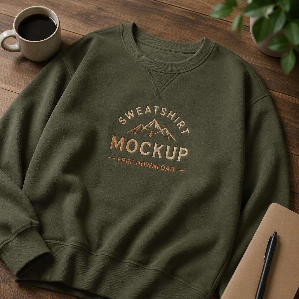Olive green crewneck sweatshirt mockup on a warm desk scene with embroidered placeholder logo, mug, and paper props.