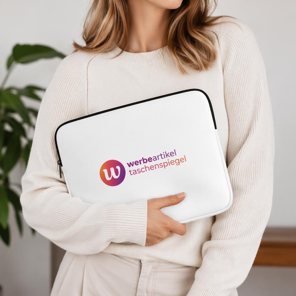 Model trägt weiße Laptop-Sleeve mit farbigem werbeartikel taschenspiegel Logo im Studio, scharf und realistisch