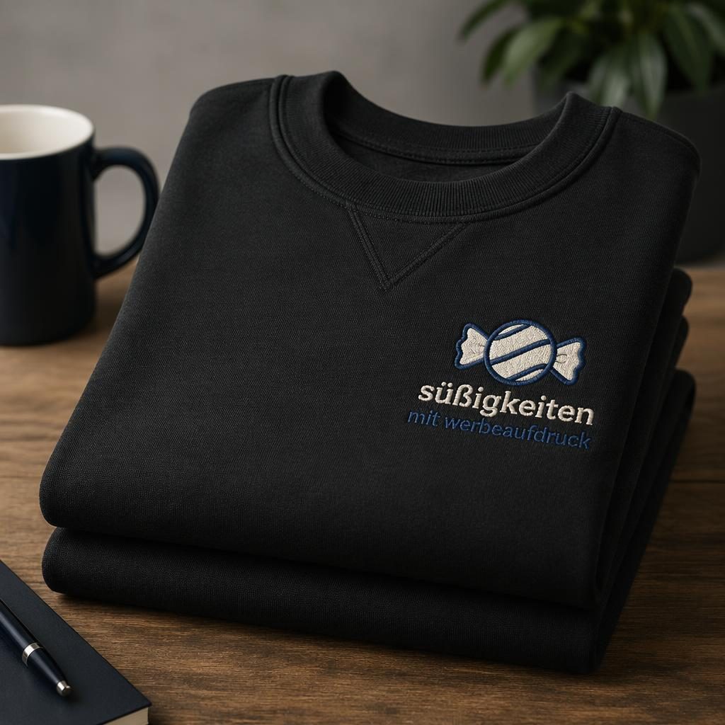 Gefalteter schwarzer Crewneck-Stack mit gesticktem Logo in Navy und Creme, studiofotografiert mit sichtbarer Stoffstruktur.