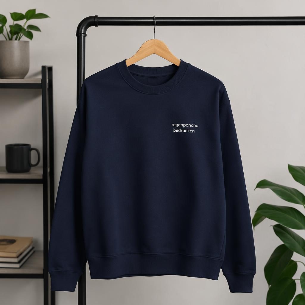 Navy Sweatshirt mit kleinem Logo links auf der Brust, hängend an einer Kleiderstange im Studio