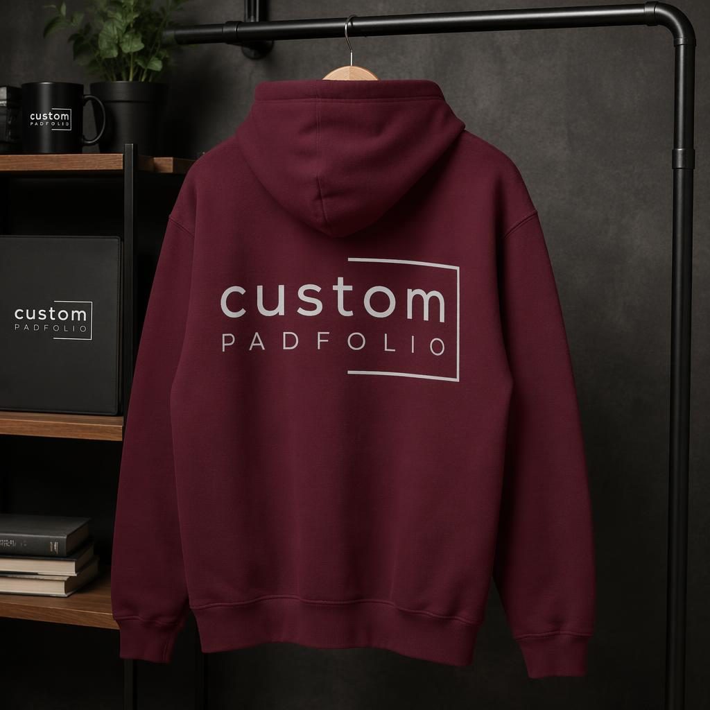 Photoreal burgundy hoodie hanging on a rack with a wrap-around custom padfolio logo in a minimal monochrome style.