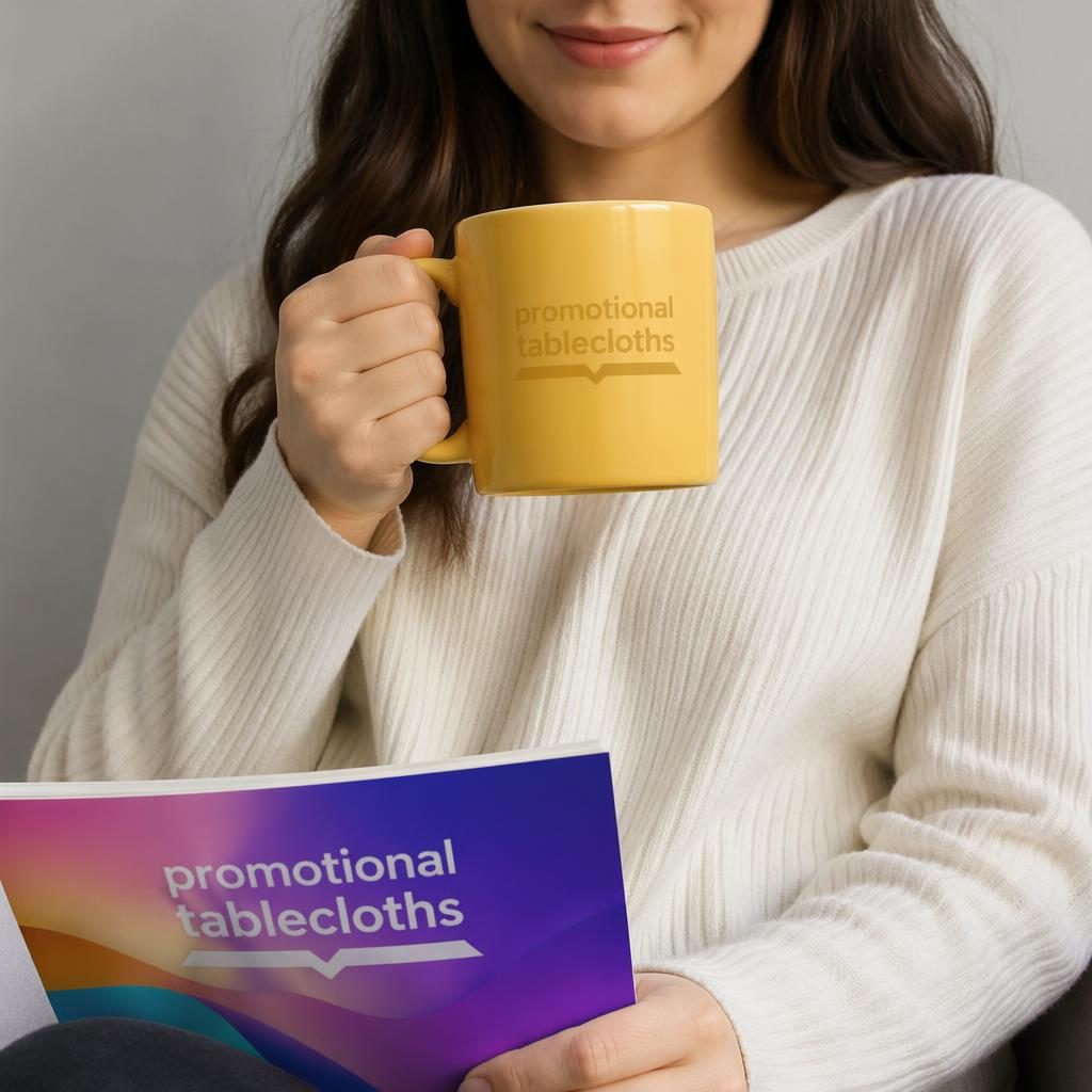 Mustard yellow ceramic mug mockup with a subtle tone-on-tone promotional tablecloths logo in a studio product shot