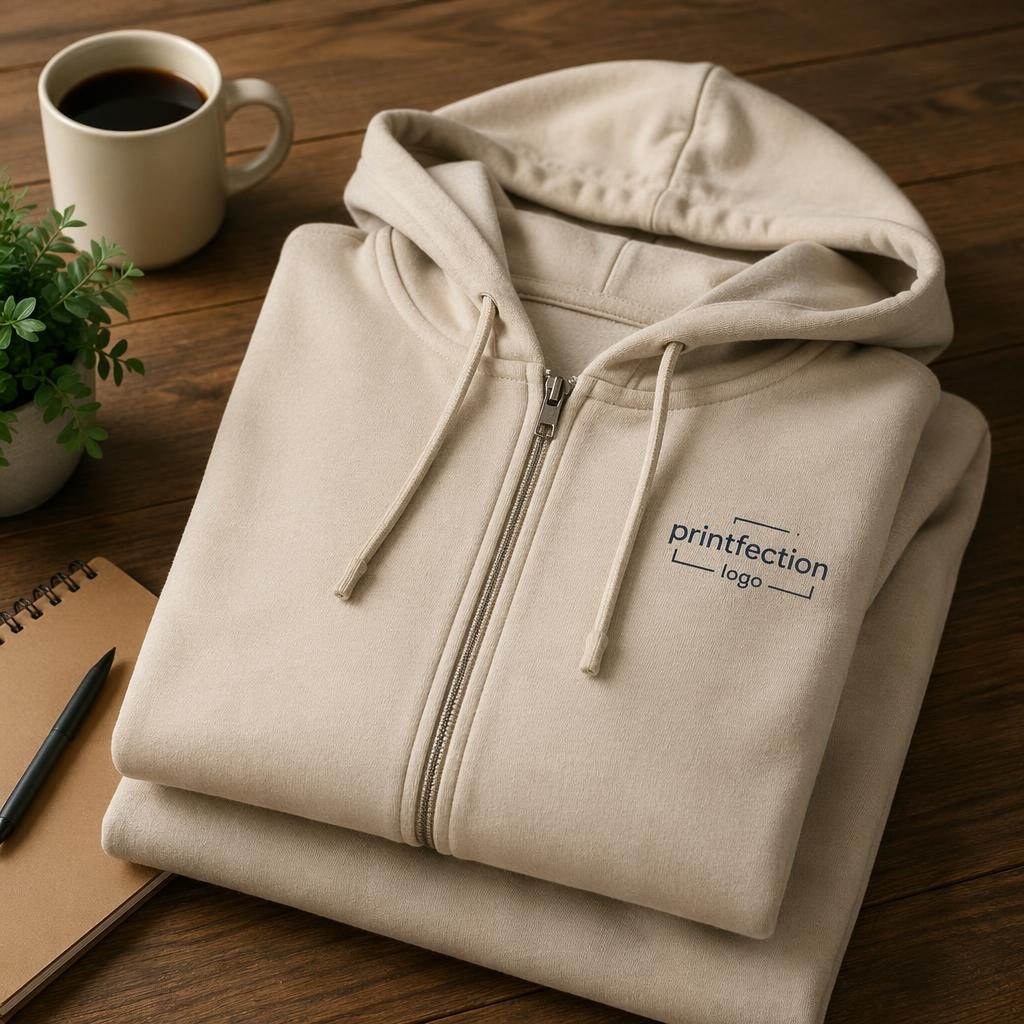 Folded stack mockup of a beige sand zip-up hoodie with a small printfection logo on the left chest, studio lit.