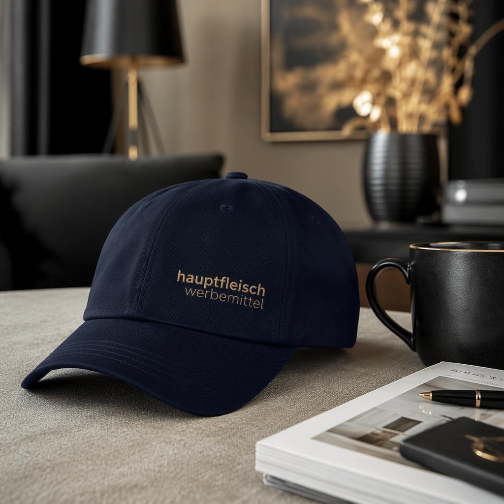 Fotorealistisches Mockup einer navy Cap mit kleinem hauptfleisch werbemittel Logo in Schwarz und Gold.
